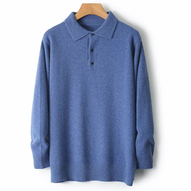 Men's wool pullover sweater with a polo collar in noble blue colour.