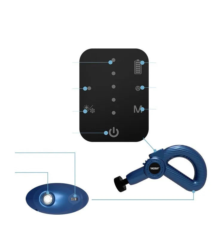 Black smart muscle massage gun with multiple attachment heads on a table