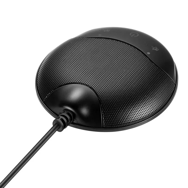 Black USB condenser microphone for conferences and gaming with 9x9x1.7cm dimensions