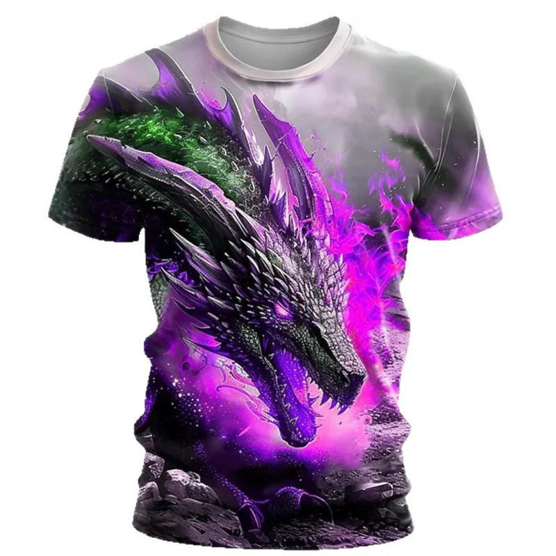 Men's grey casual T-shirt featuring a large 3D wind dragon print across the chest, with short sleeves.