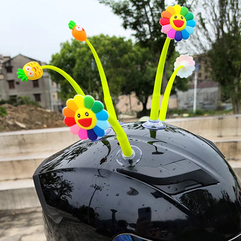 Silicone sunflower helmet decoration with suction cup on a motorcycle helmet.