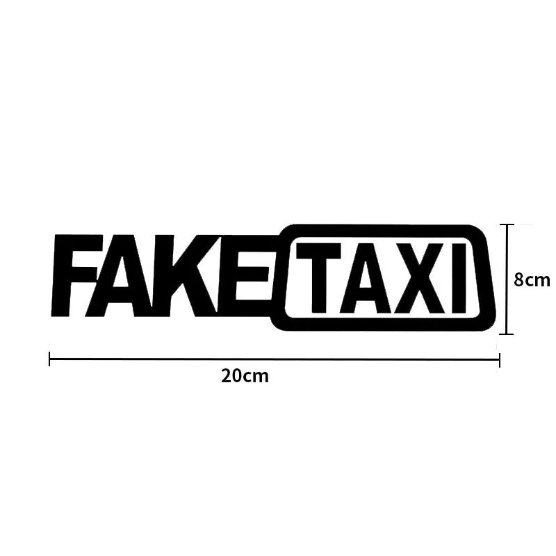FAKE TAXI waterproof car warning sticker in black, measuring 20cm by 8cm.