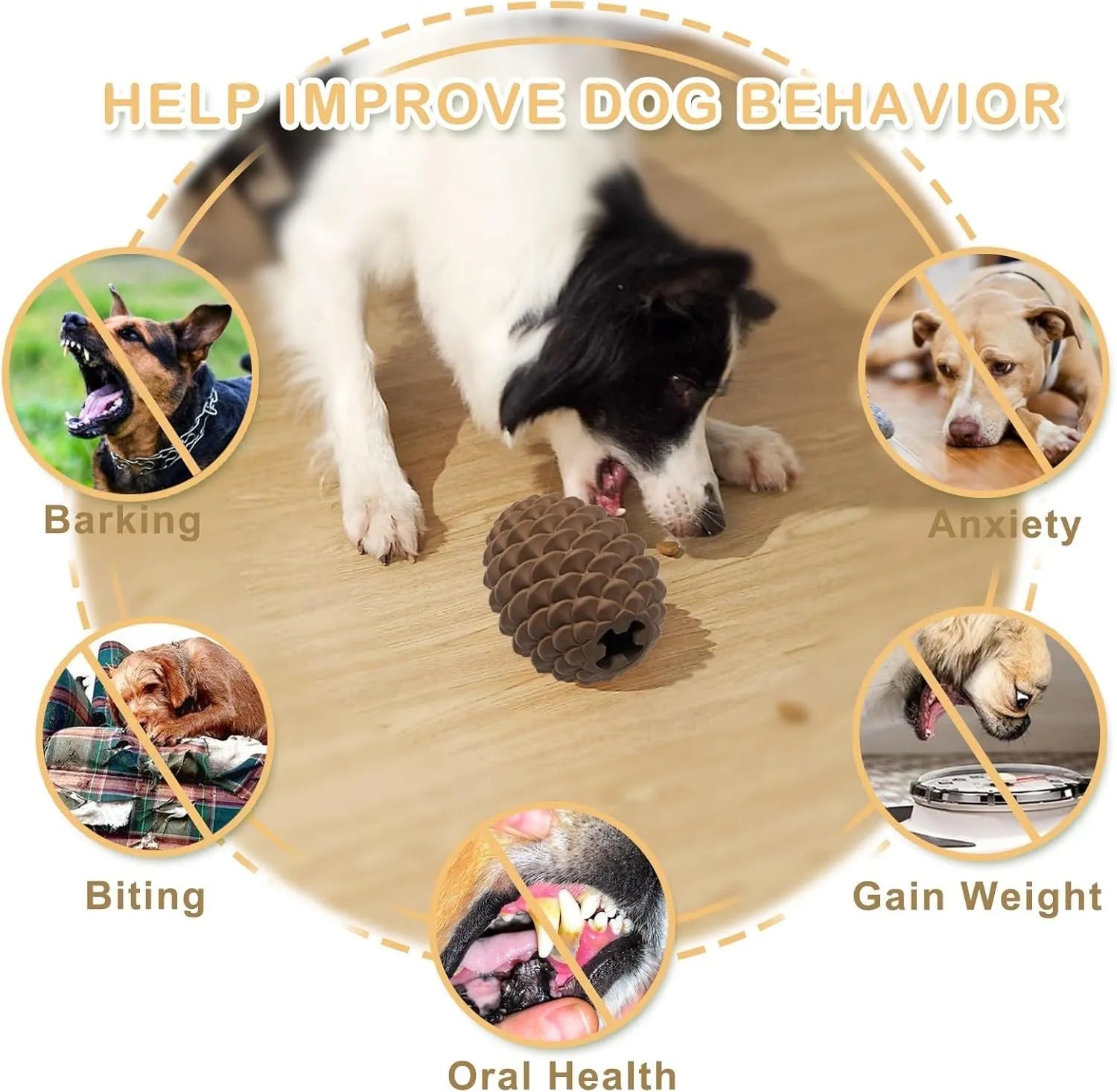 Yellow pine cone dog chew toy with treat dispenser hole for medium and large dogs