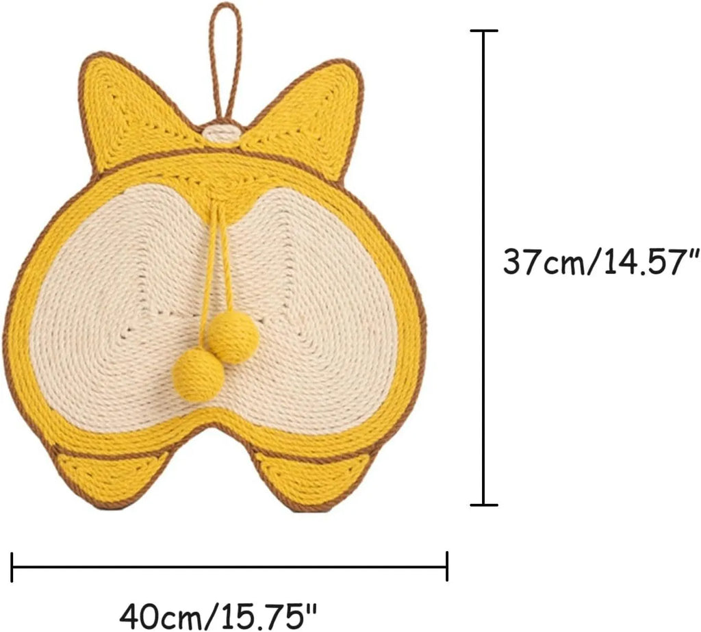 Yellow sisal cat scratching board with Corgi designs, measuring 37x40cm with anti-slip base