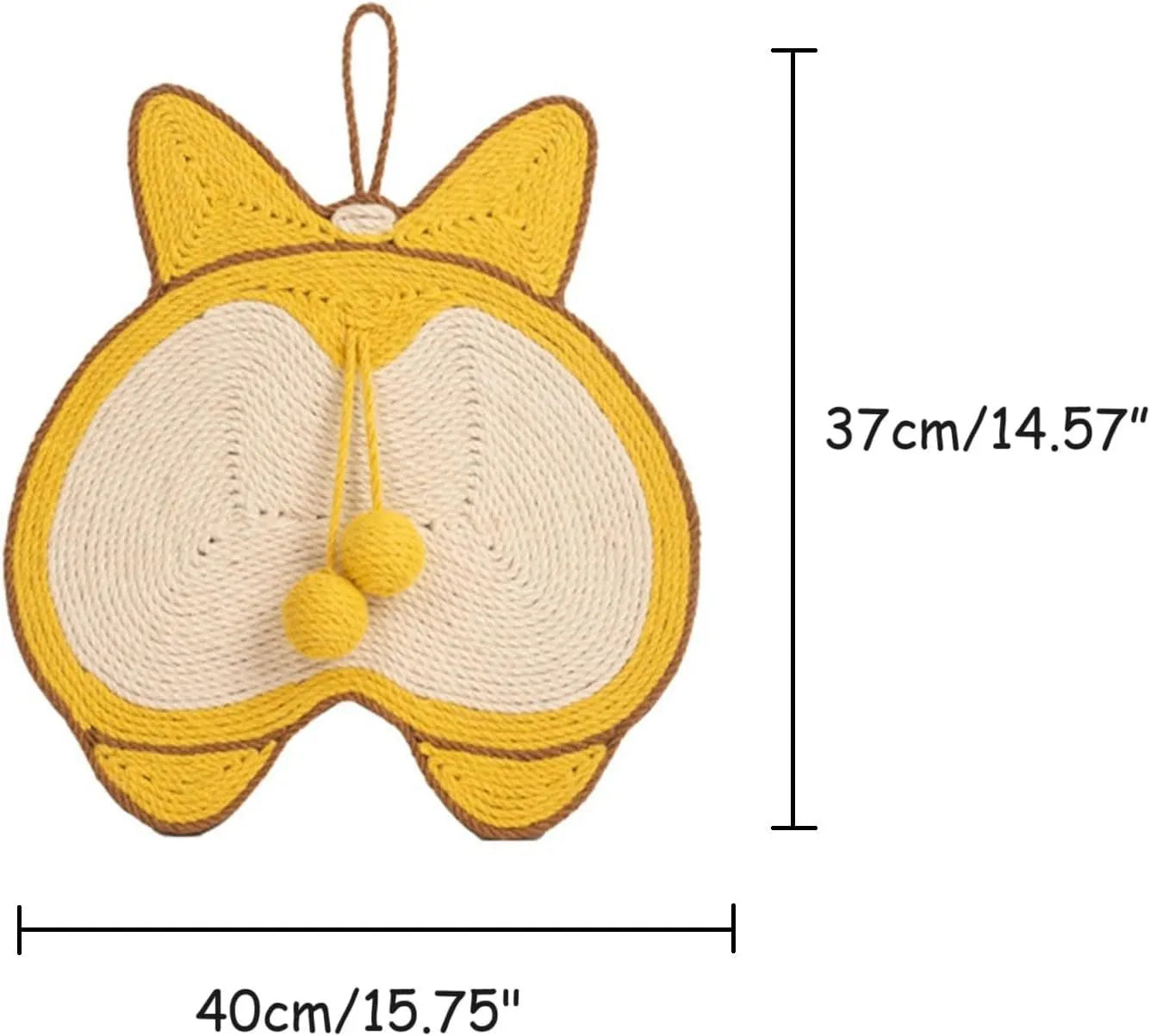 Yellow sisal cat scratching board with Corgi designs, measuring 37x40cm with anti-slip base