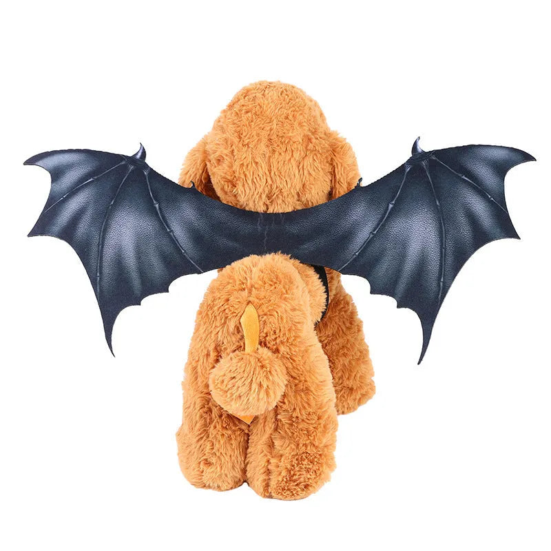 Black cloth bat wing Halloween costume for pets shown in three sizes