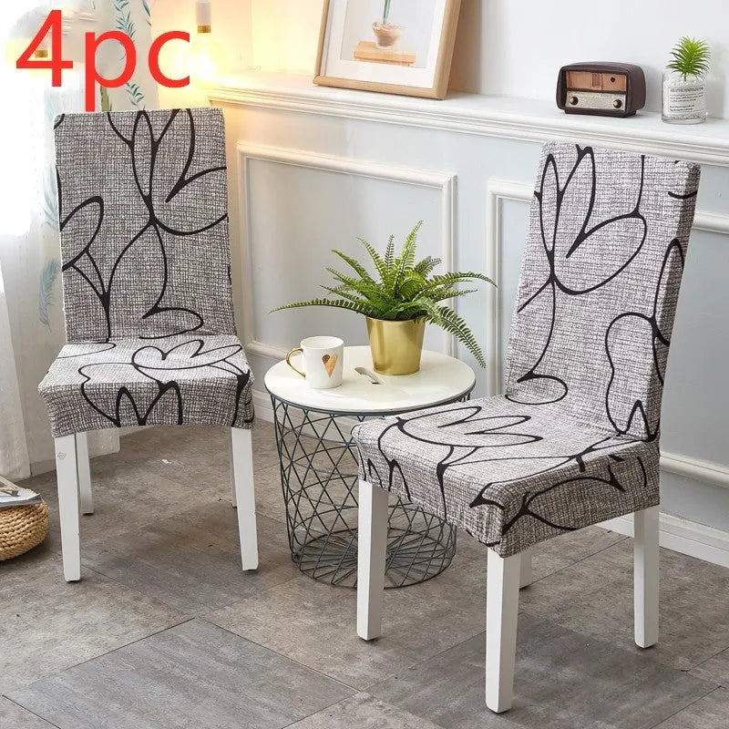 A stretchy spandex chair cover fitted neatly on a four-legged wooden dining chair.
