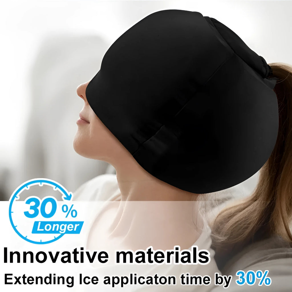 Solid colour cold compress cap for migraine relief in black, dark blue, or pink
