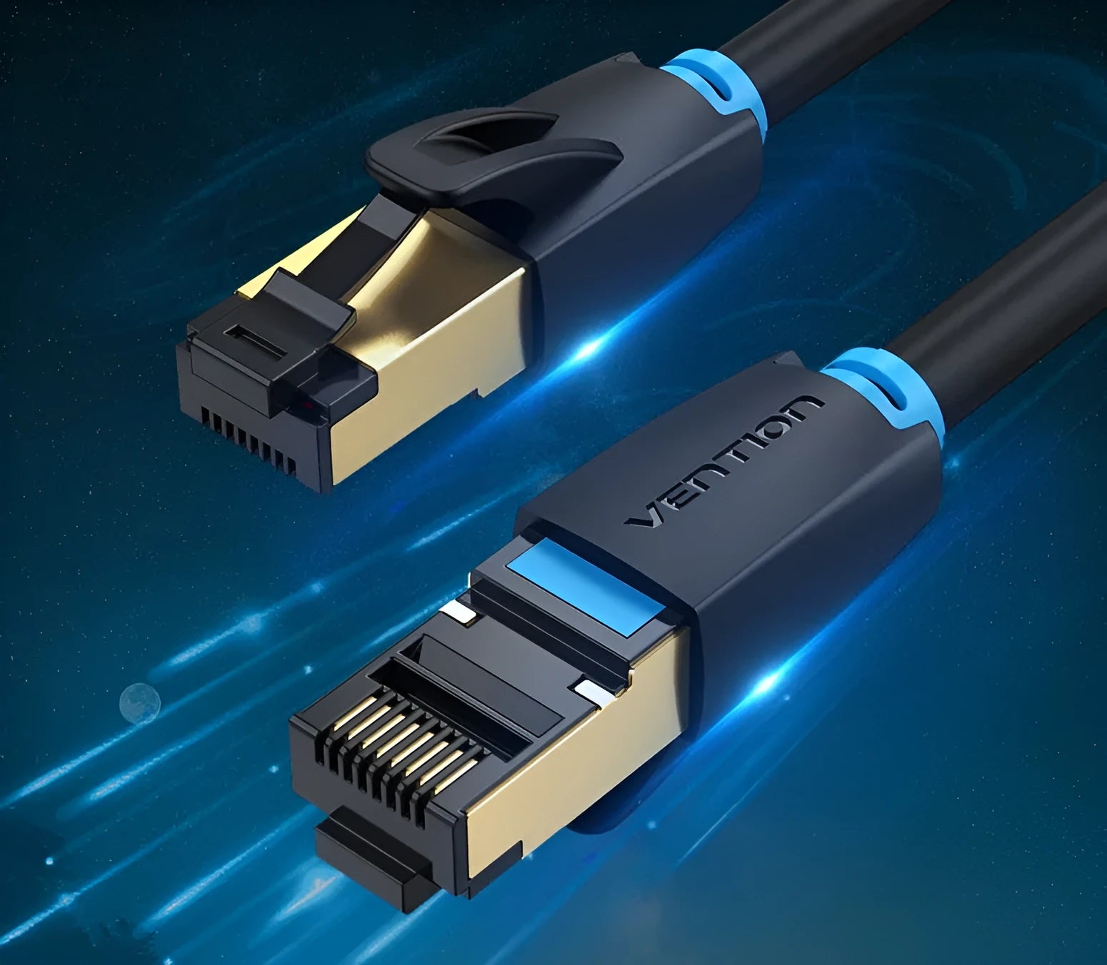 A flat and a round Cat8 Ethernet cable with gold RJ45 connectors, shown in various lengths for home networking.