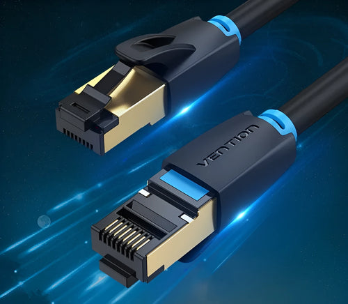 A flat and a round Cat8 Ethernet cable with gold RJ45 connectors, shown in various lengths for home networking.