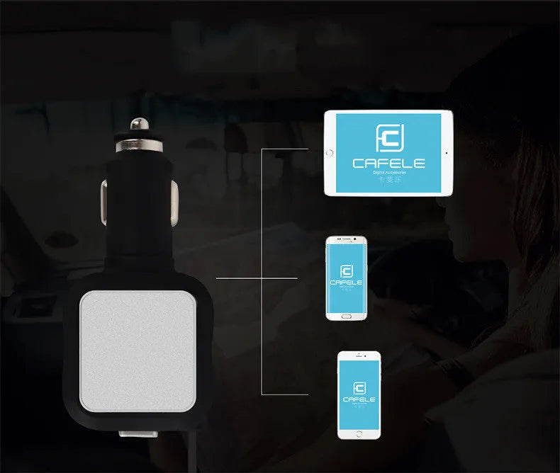 Black and gold dual USB car charger with retractable cable extended from compact body