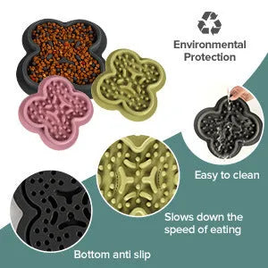 Silicone pet licking pad slow feeder mat in various colours on a flat surface