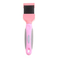 Double-sided pet grooming brush with stainless steel pins and blue ergonomic handle
