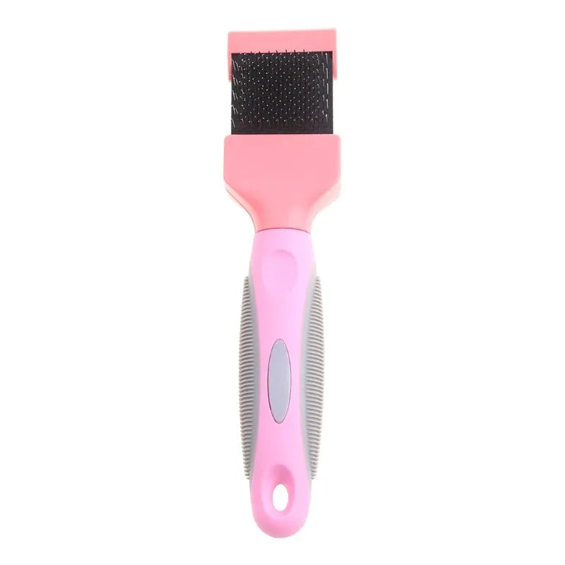Double-sided pet grooming brush with stainless steel pins and blue ergonomic handle