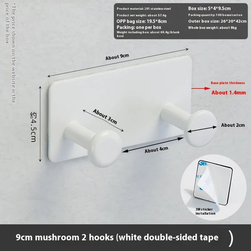 Mushroom-style adhesive wall hook with multiple hooks for screw-free hanging on shower doors