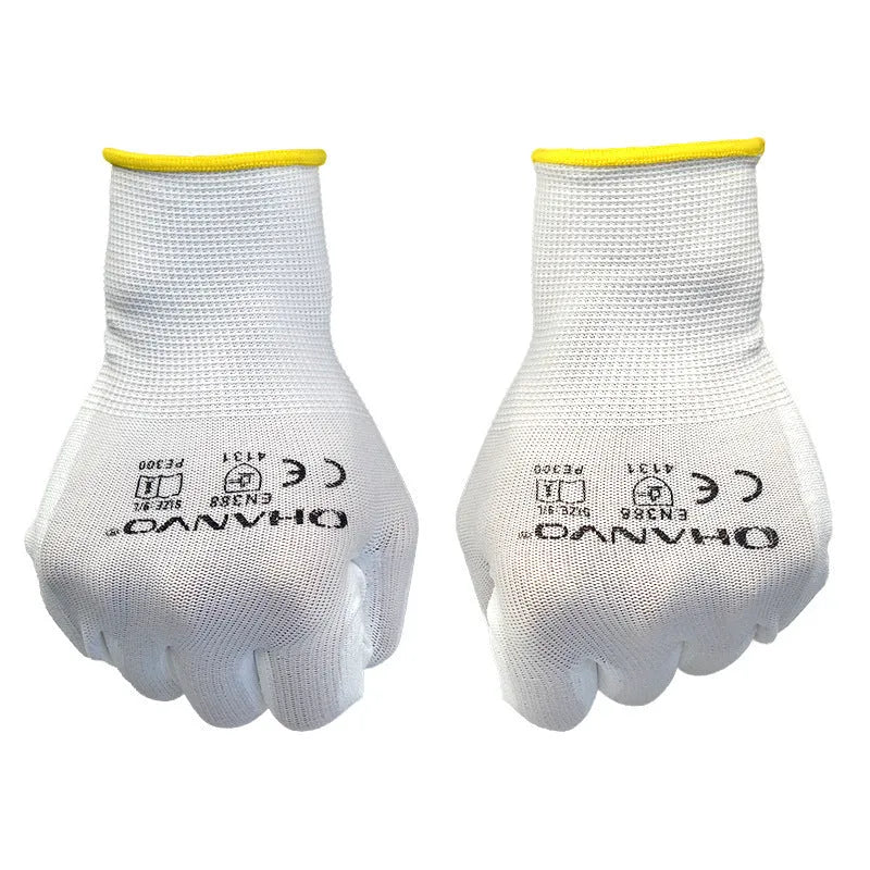 White PU-coated labour gloves showing flexible construction and 24 cm length