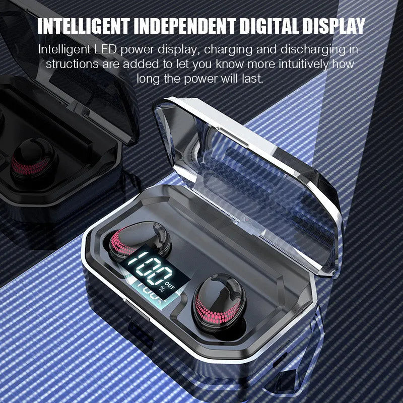 Black X10 Bluetooth wireless headset with its charging case on a white background