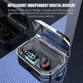 Black X10 Bluetooth wireless headset with its charging case on a white background