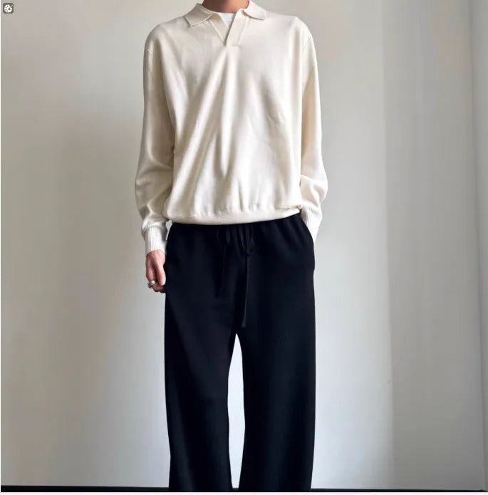 Men's pure wool polo sweater with lapel collar in loose fit, shown in milky white and navy blue colours