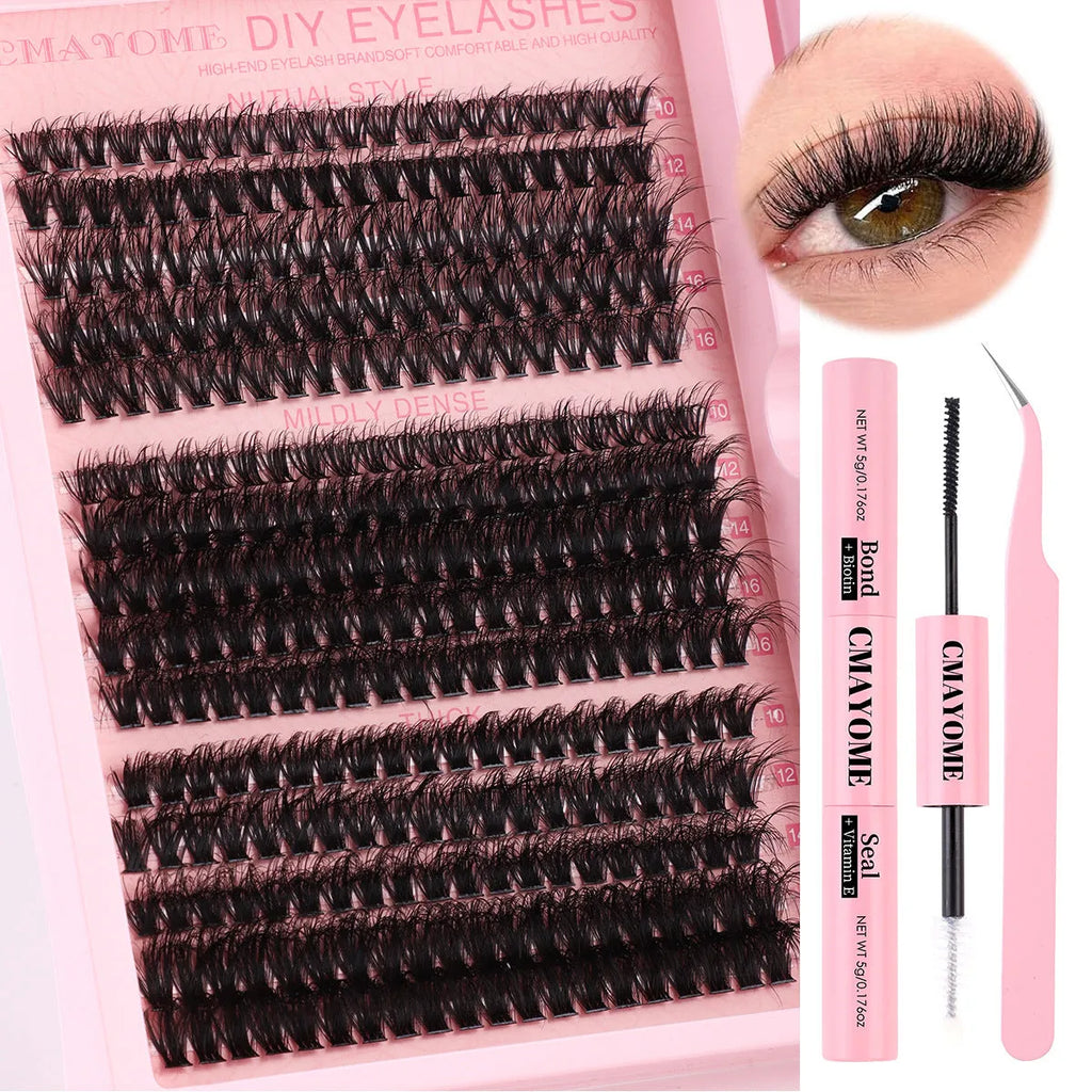 DIY false eyelash extension kit showing cluster lashes and metal eyelash tweezers on a clean background.
