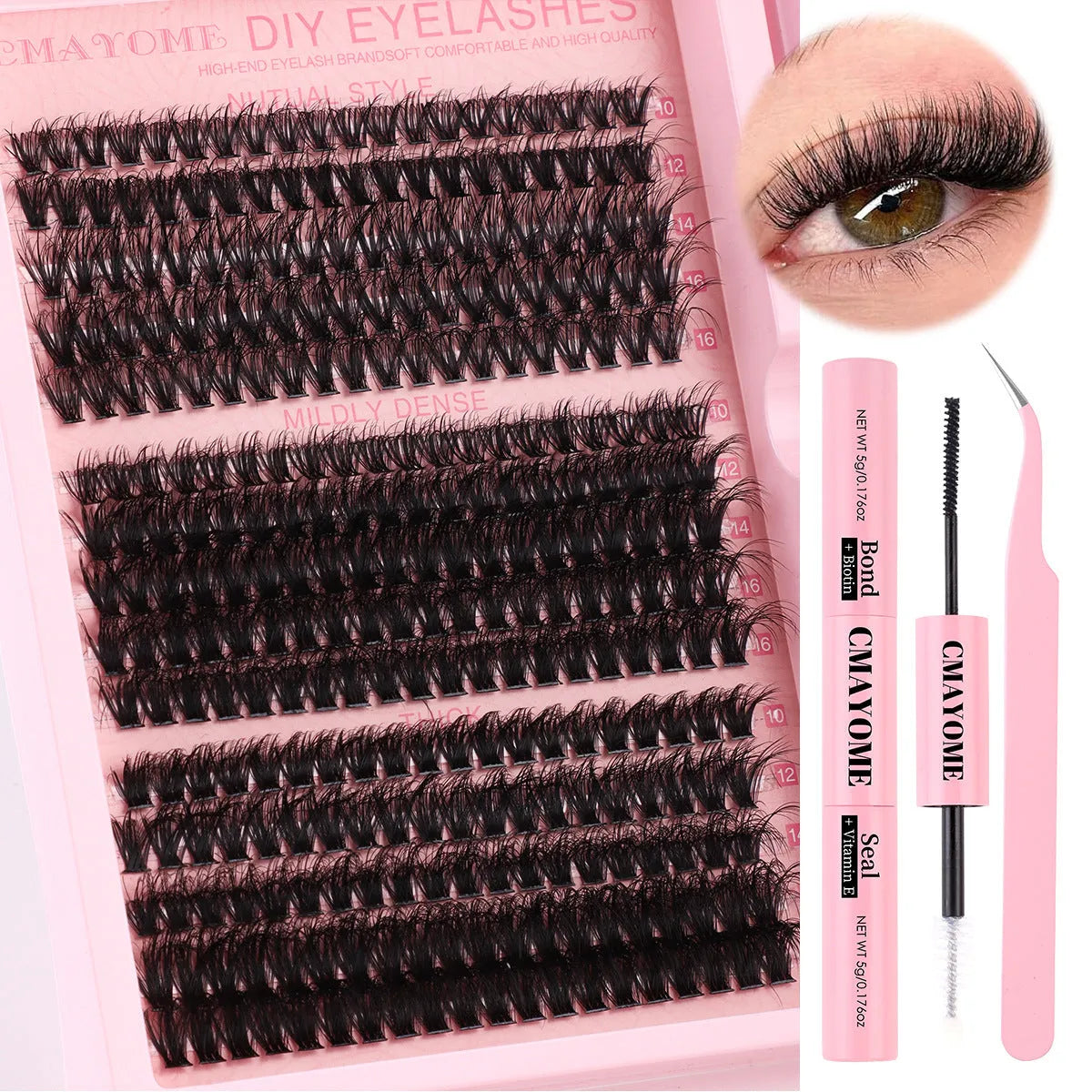 DIY false eyelash extension kit showing cluster lashes and metal eyelash tweezers on a clean background.