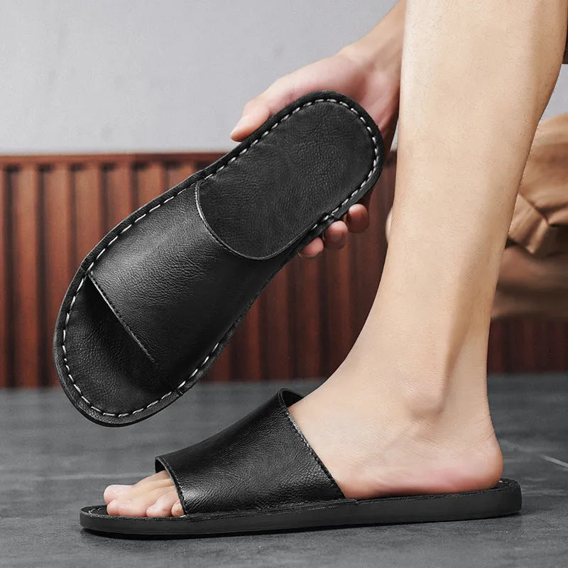 Men's brown leather casual sandals with a rubber sole on a white background.