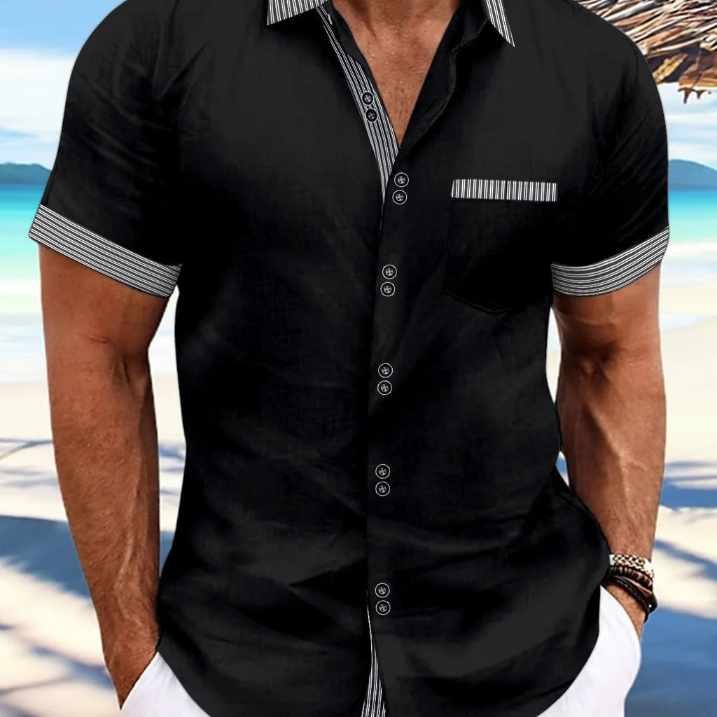 Men's pure cotton slim fit striped short sleeve casual shirt with double button design