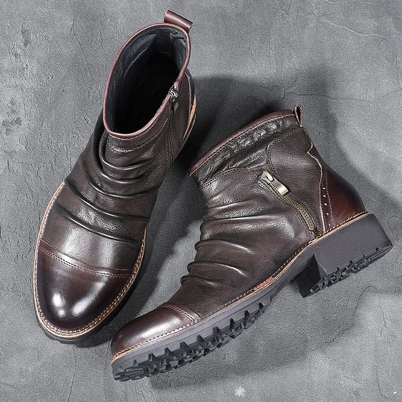 Men's black artificial PU leather cowboy boots with side zipper and round toe.