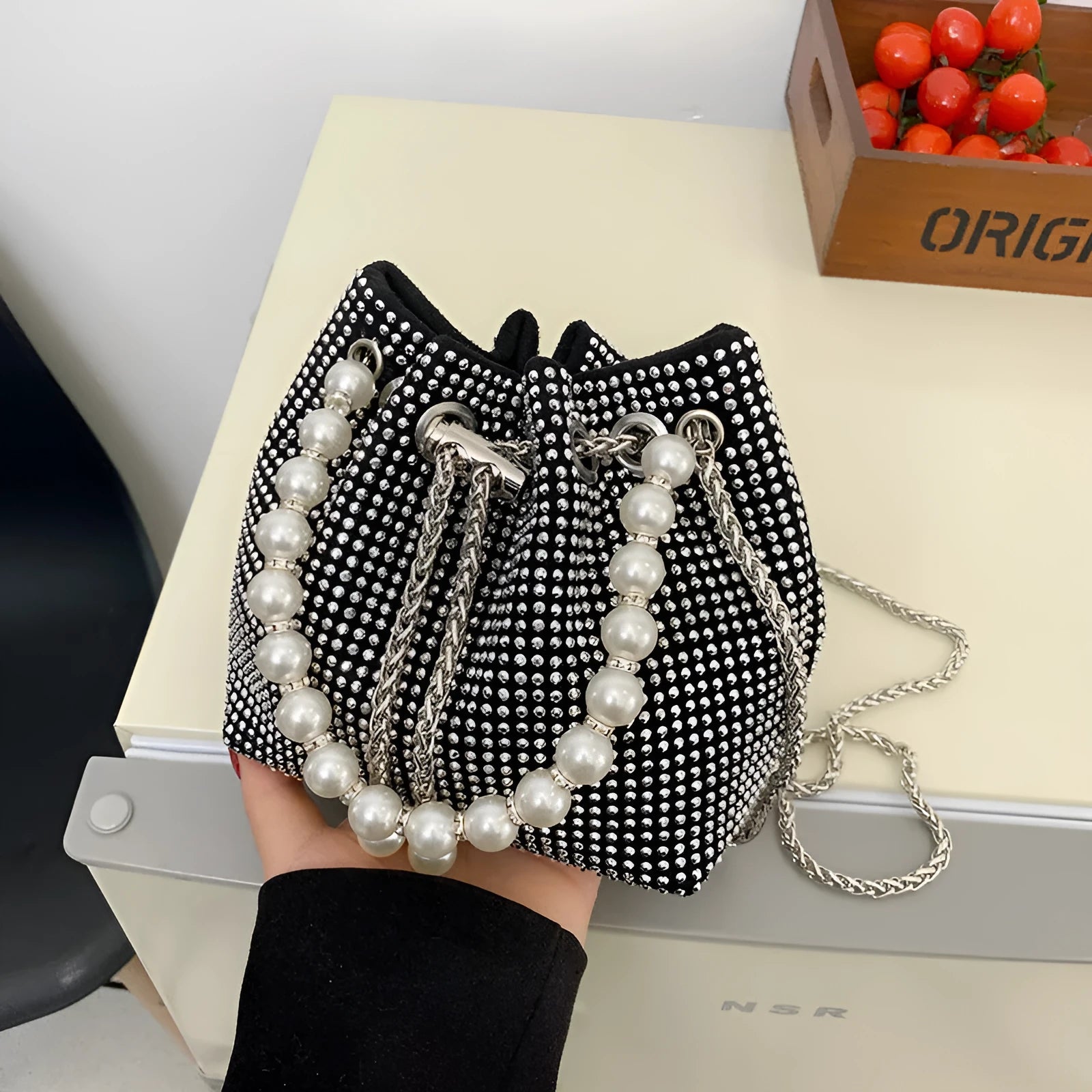 Western style diamond detailing soft PU bucket crossbody bag with chain strap