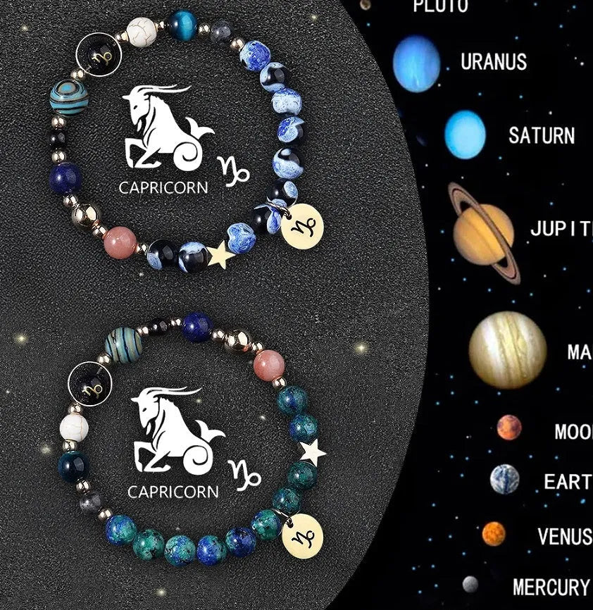 Natural stone zodiac bracelet set showing twelve astrology sign designs with mineral bead construction