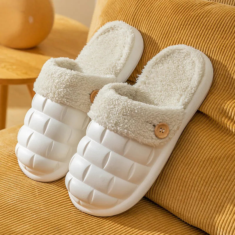 Plaid patterned detachable slippers for women with plush lining and a textured EVA anti-skid sole.