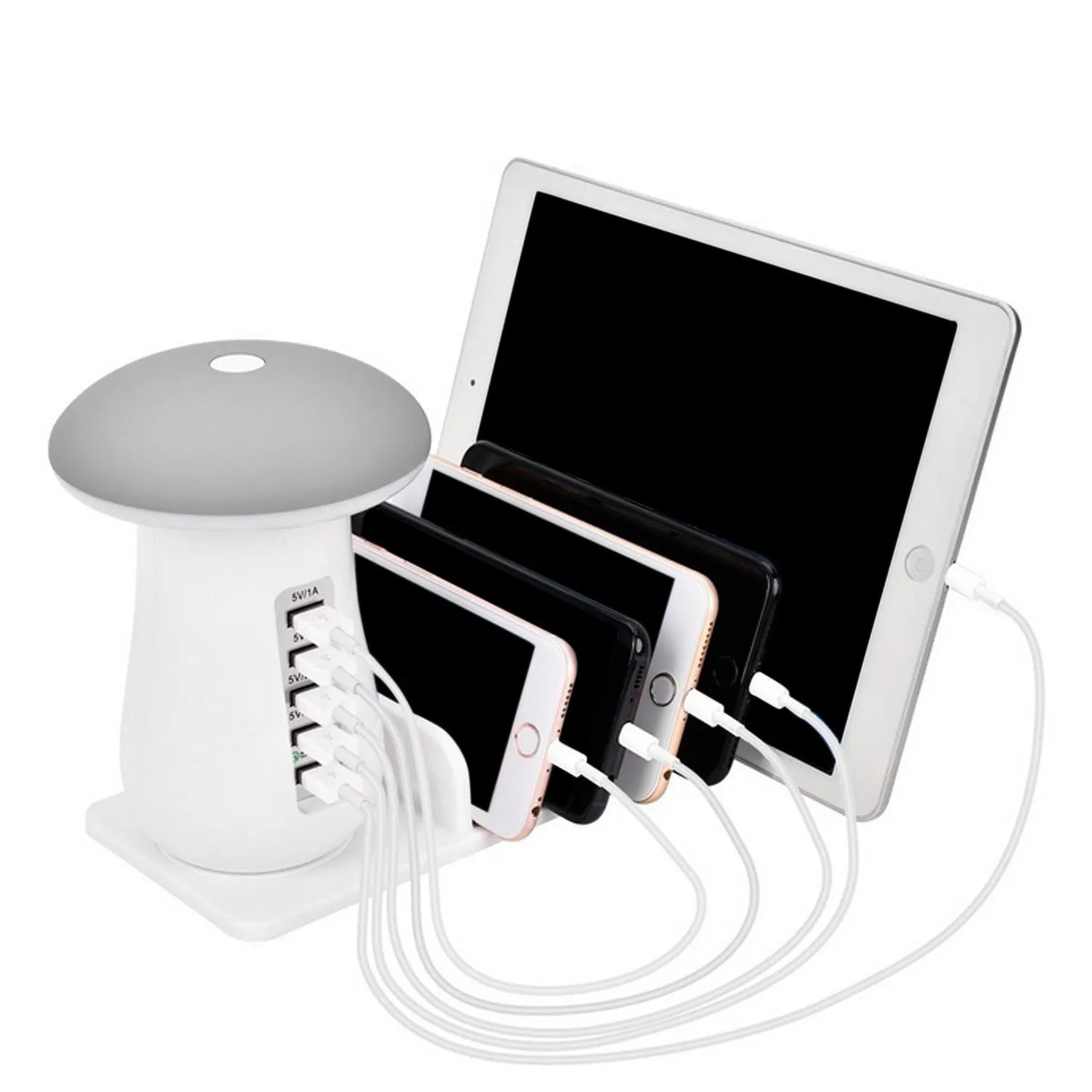 White mushroom-shaped LED desk lamp with a 5-port USB charging dock station at its base on a wooden table