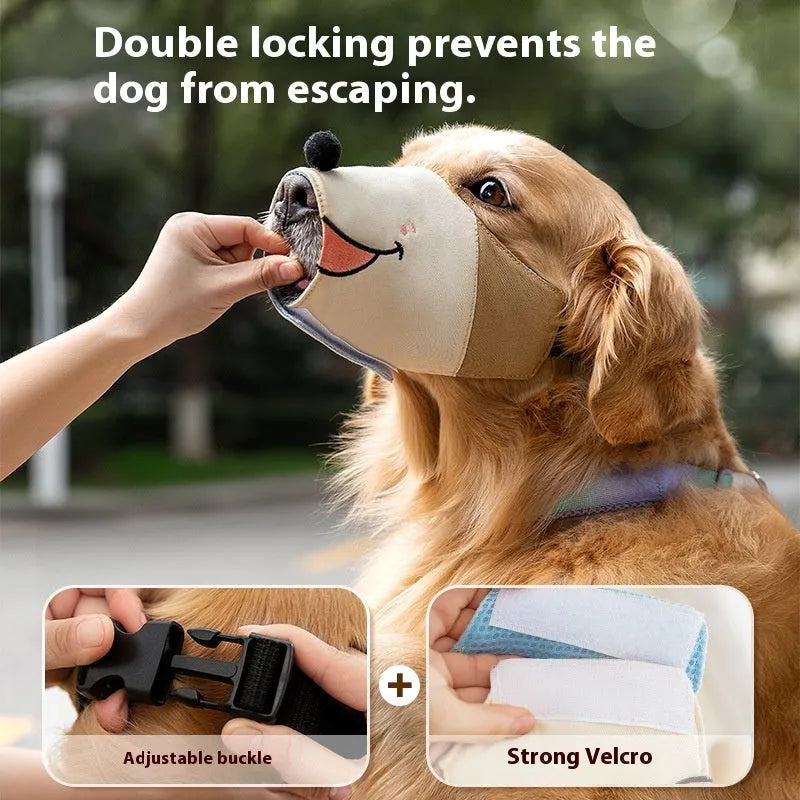 Canvas dog muzzle in Ollie Brown Bear colour, shown next to size guide for S, M, L, and XL based on dog weight.