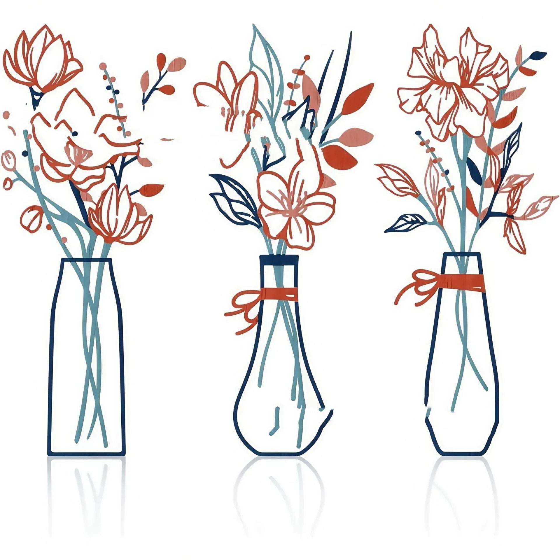 Three metal flower wall art pieces with colour vase designs for farmhouse bathroom decoration