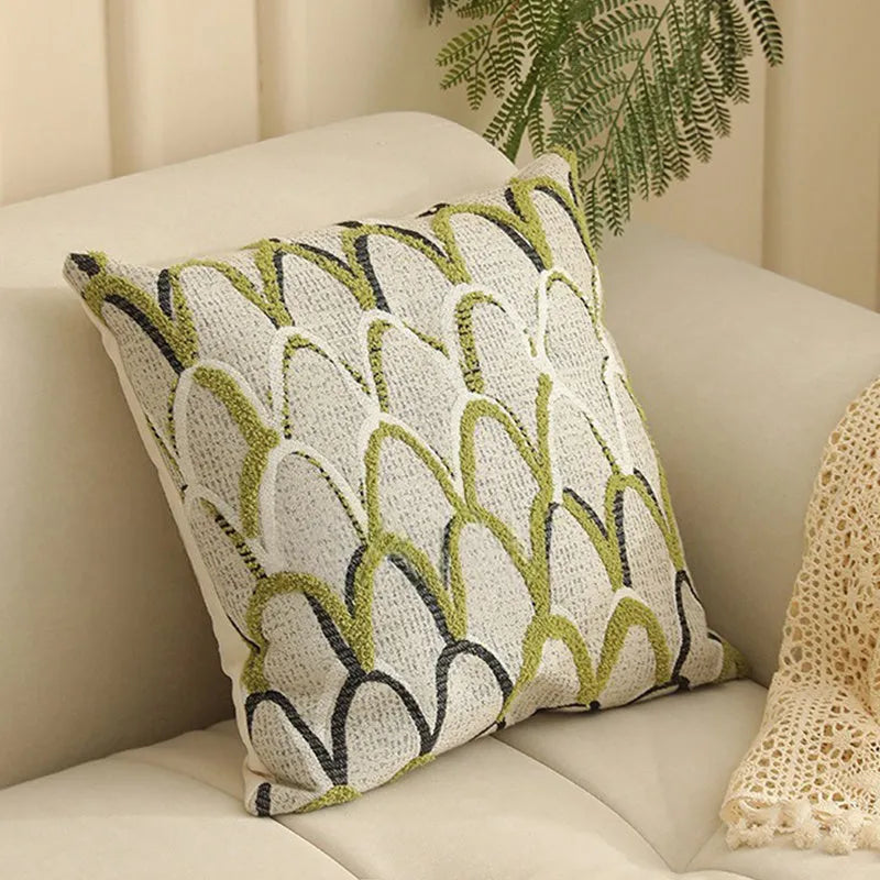 Square 45cm yarn-dyed Jacquard pillow cover with Nordic floral botanical pattern in multiple colour options.