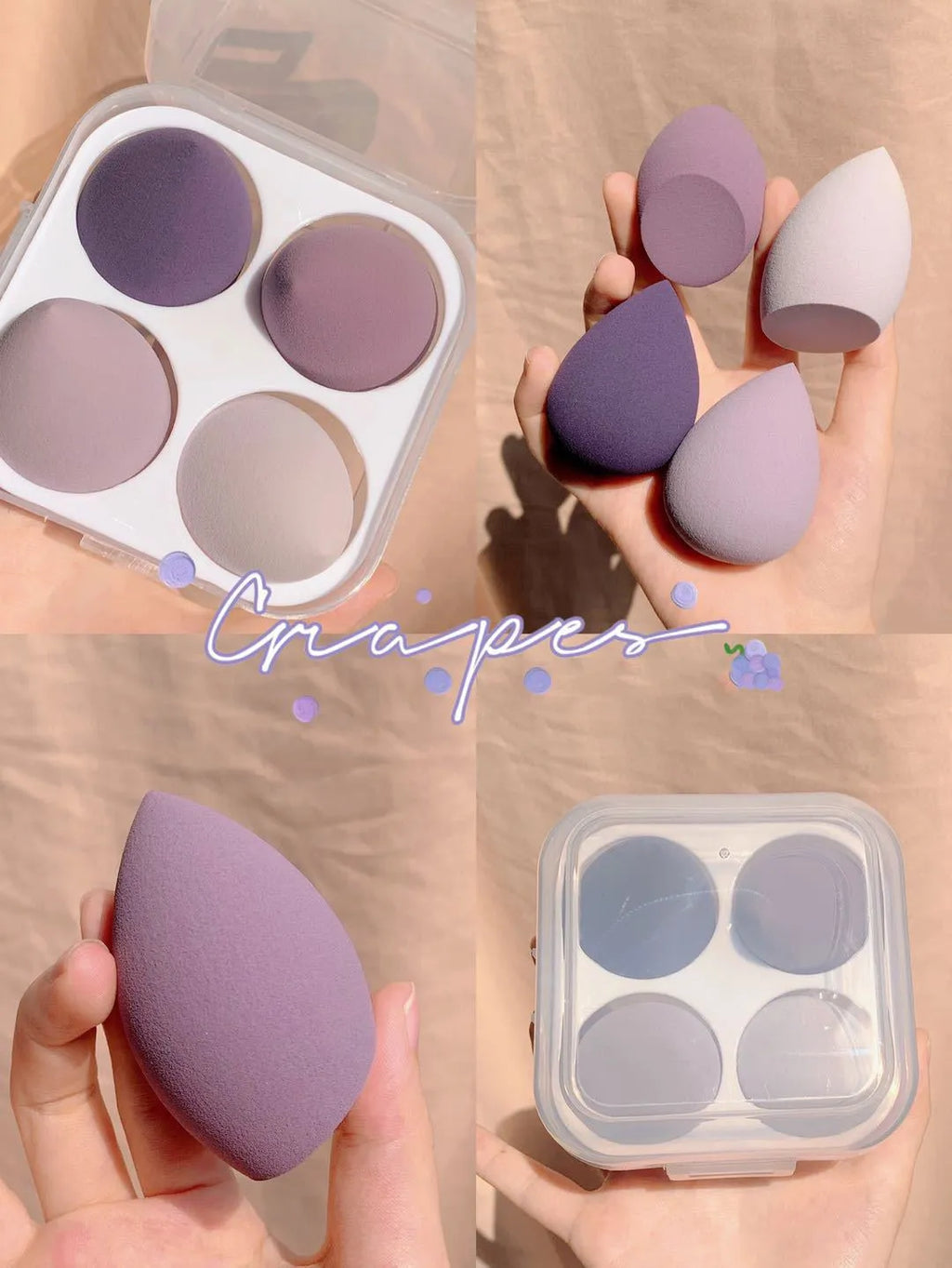Set of four small 6cm cubic makeup sponge storage cases in grape, mango, mint, and peach colours.
