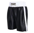 Two-tone boxing shorts for kickboxing in a black and white colour combination with a wide waistband.