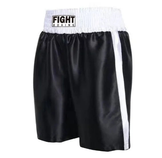 Two-tone boxing shorts for kickboxing in a black and white colour combination with a wide waistband.