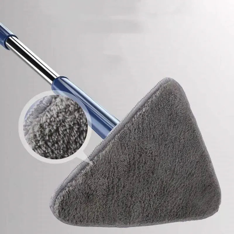 Blue triangular cleaning mop with 360-degree rotating head and adjustable stainless steel pole extended for use