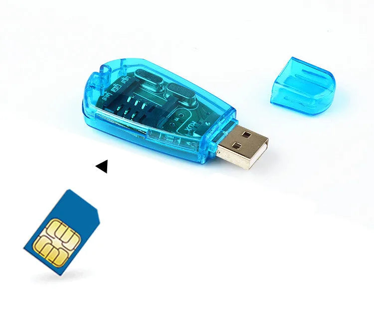 Blue USB mobile phone SIM card reader for data backup and editing on computer.