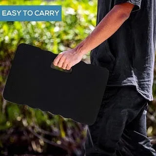 Blue plastic EVA foam garden kneeler pad on grass, showing size and thickness.