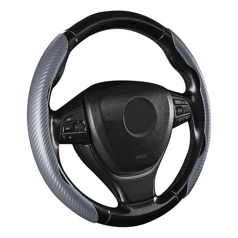 Sweat-absorbent suede steering wheel cover with carbon fibre pattern for 38cm or 40cm wheels in business style