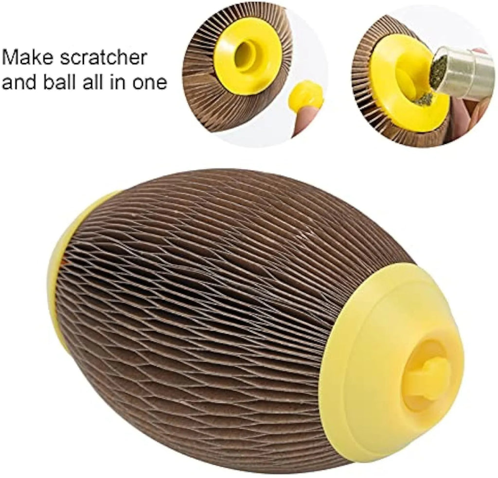 Elliptical catnip ball toy made from recycled corrugated paper with scratch football design