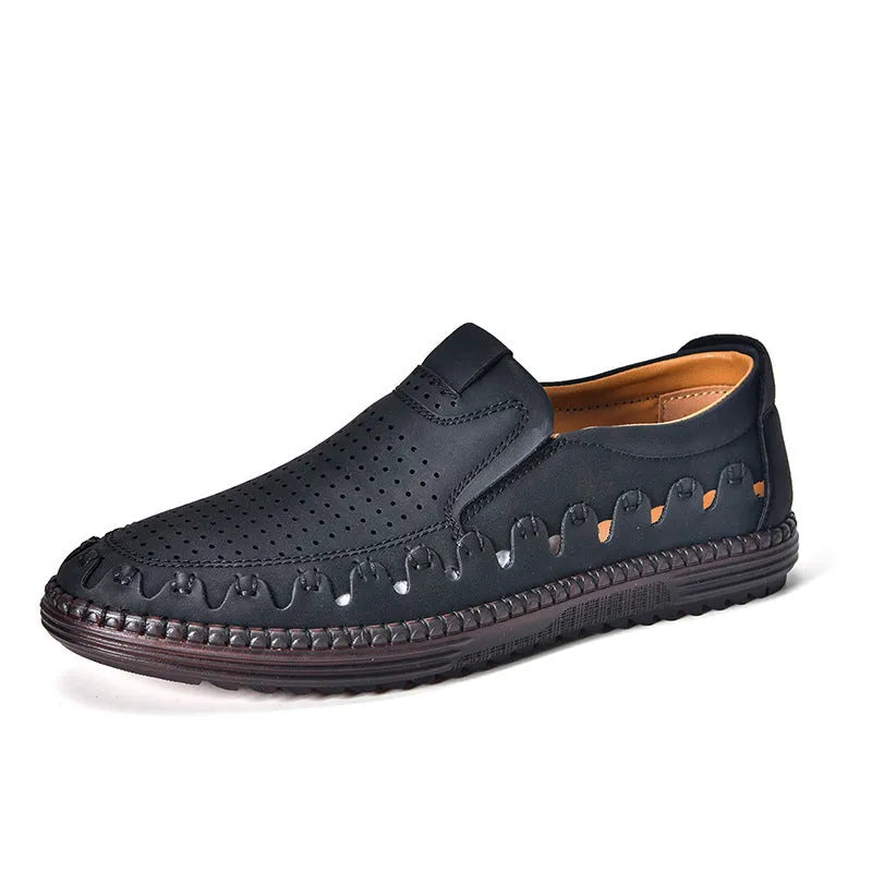 Men's brown slip-on casual shoes with artificial PU upper and visible sewing construction around PVC sole