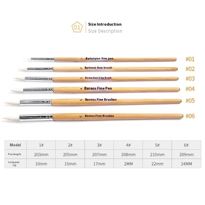 Set of six wooden-handle artistic brushes with wool points for detail drawing and painting