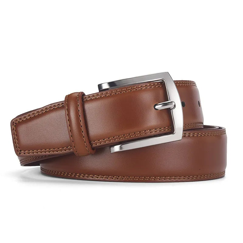 Men's genuine leather belt with alloy pin buckle in black or brown available in multiple lengths