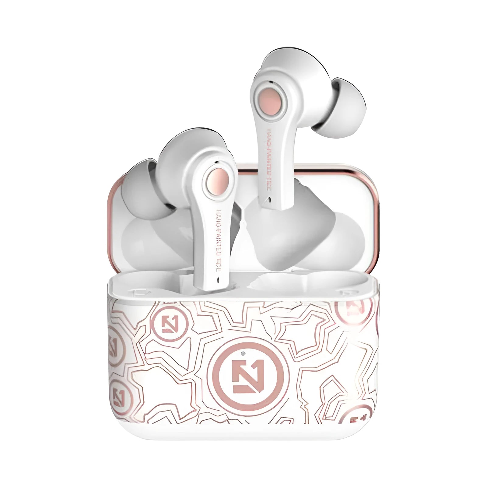 Black and white wireless Bluetooth headset with over-ear design and microphone.