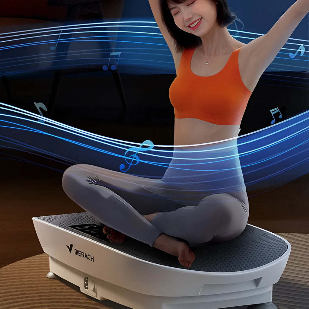 Grey portable smart power plate vibrating exercise machine with Bluetooth and US plug socket.
