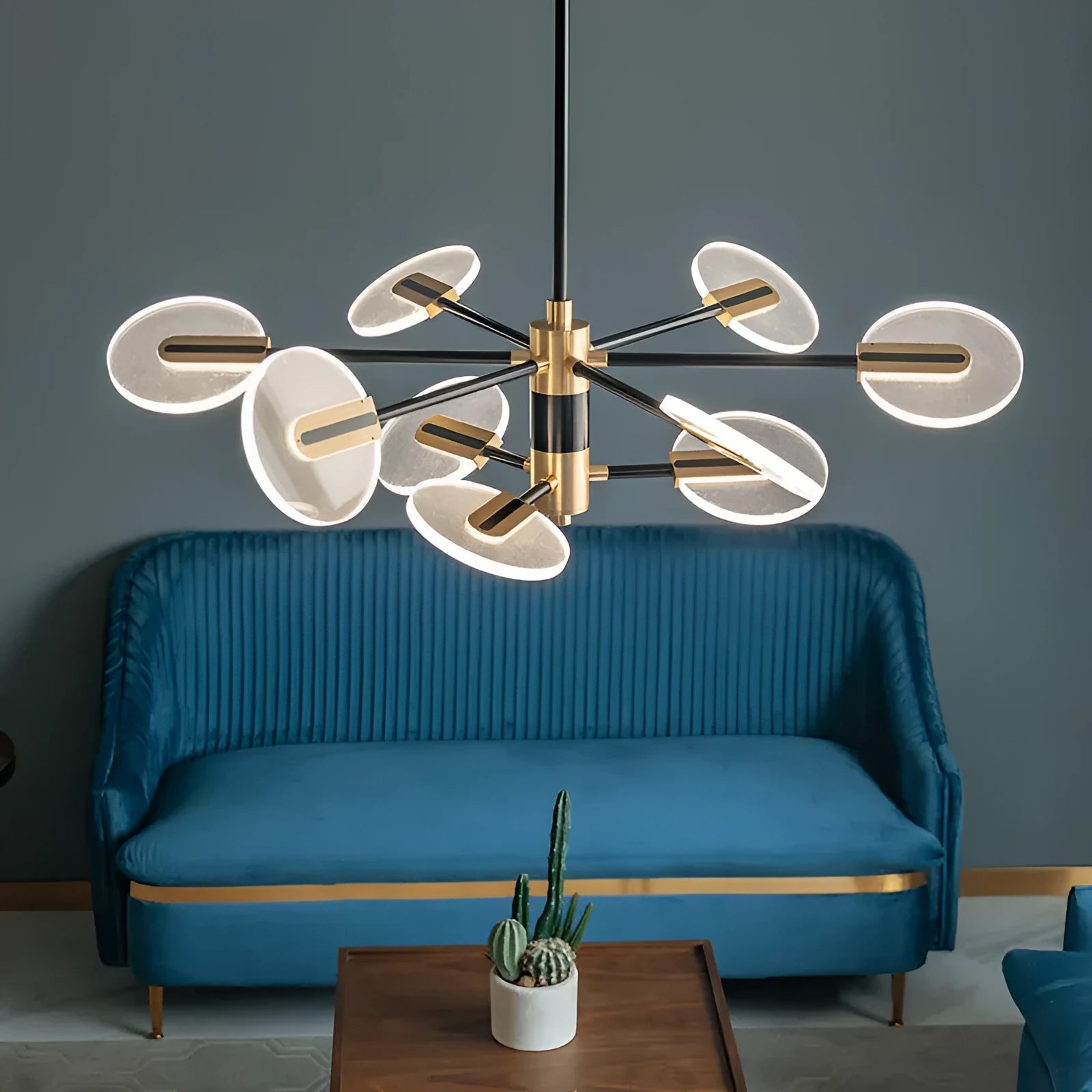 Modern iron frame LED chandelier with acrylic shade, shown in a multi-head pendant configuration.