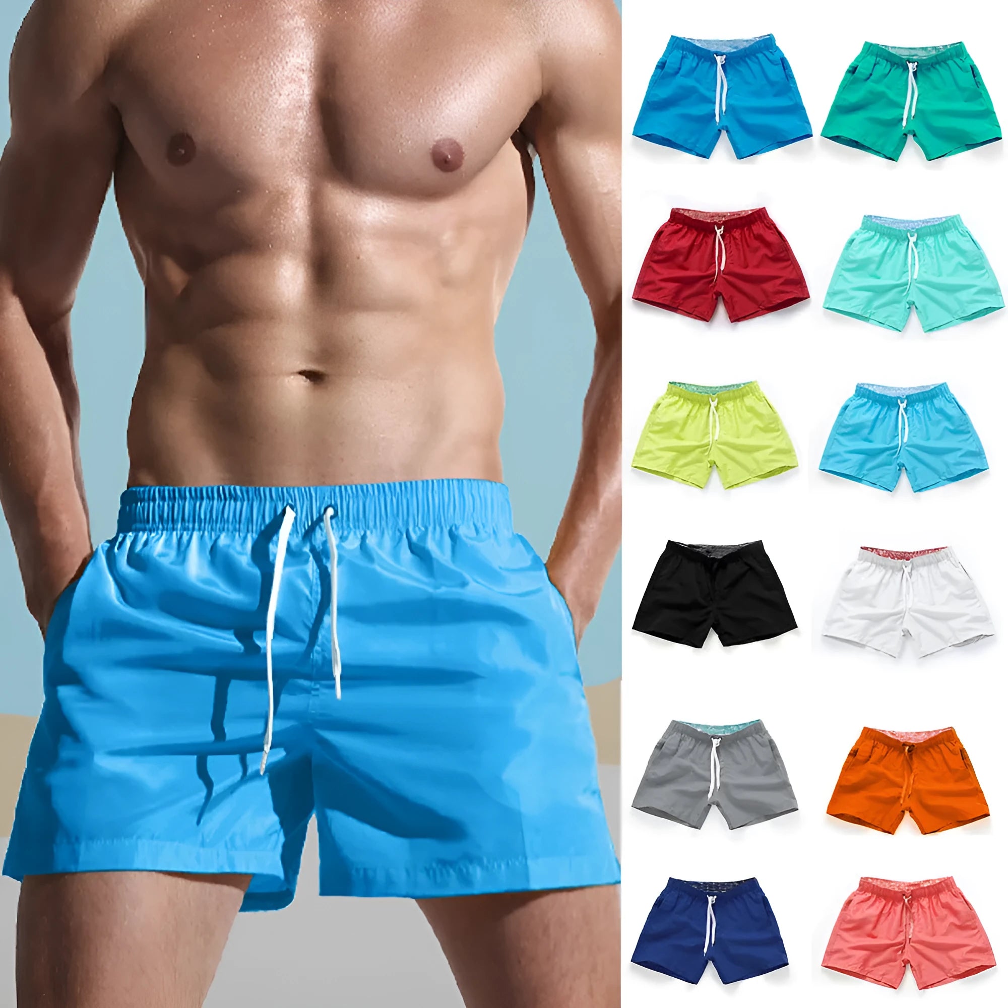 Men's straight-leg beach shorts in polyester fabric shown in a solid colour, laid flat.